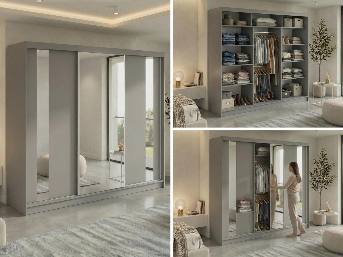 SCHWEBETÜRENSCHRANK 240 - GRECJA - Grau mit Spiegel - Alufarben/Grau, Holzwerkstoff/Metall (240/216/61cm) - MKS