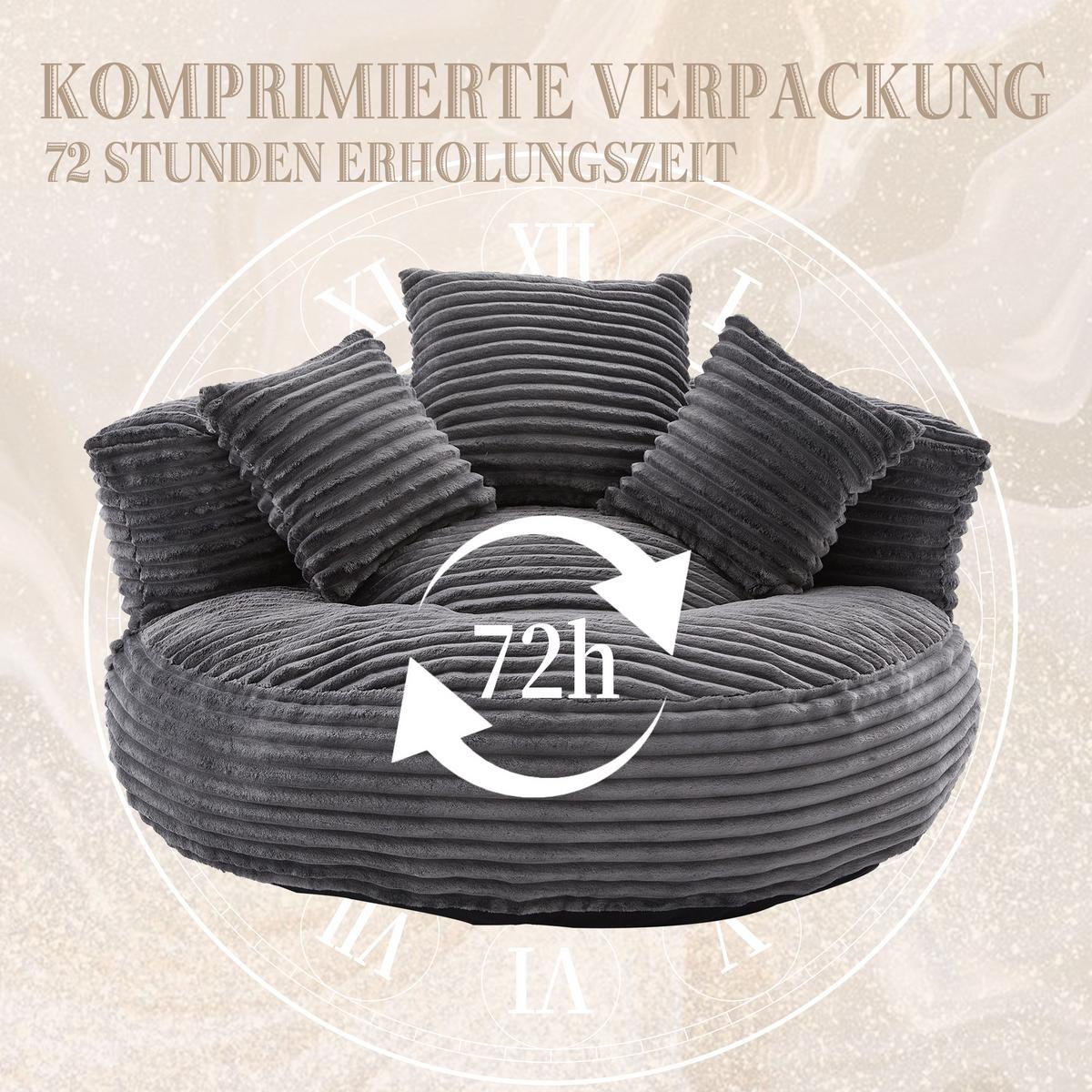 SITZSACK cord dunkelgrau mit rückenlehne & 3 kissen - Dunkelgrau, Textil (108/52/108cm) - Urban Meuble
