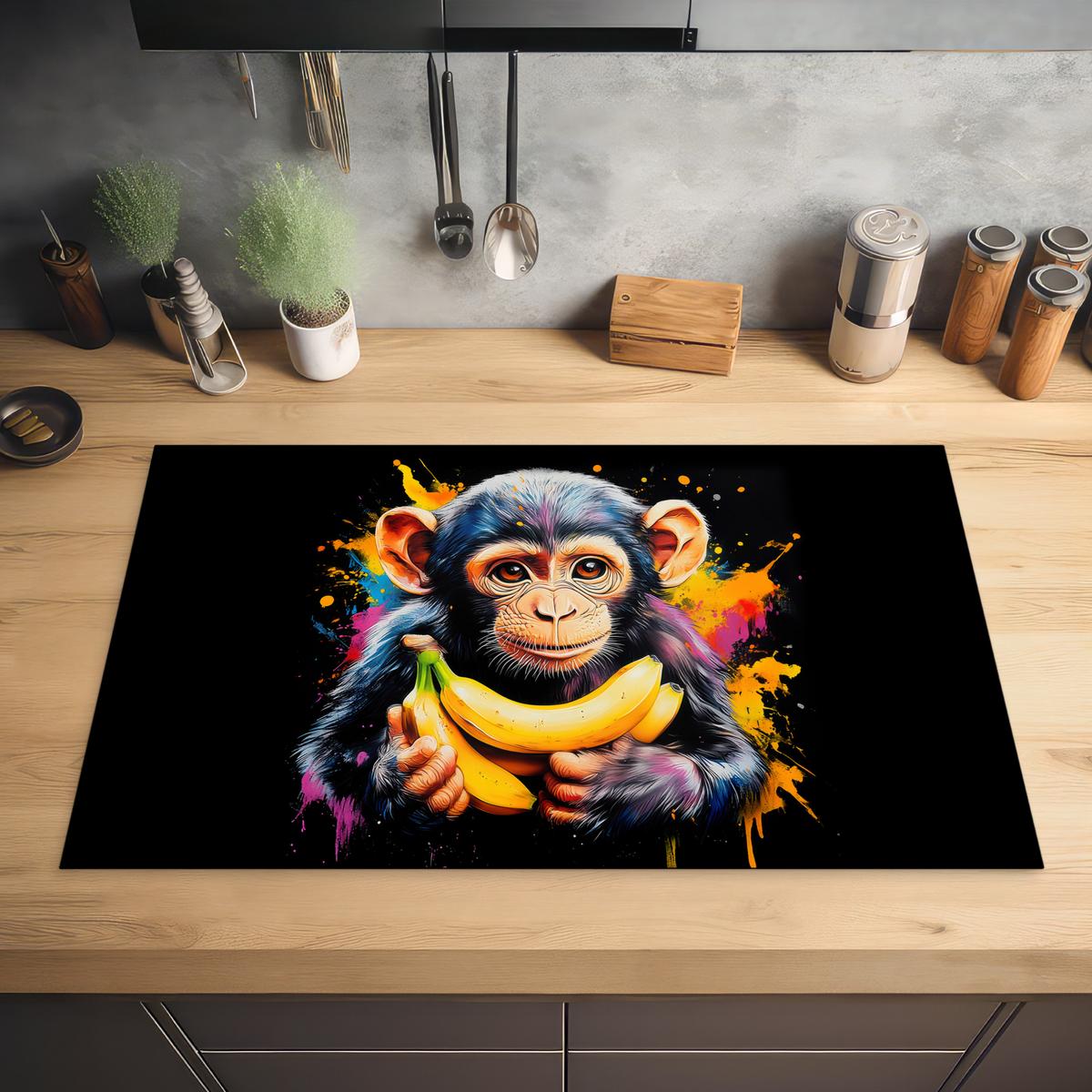 HERDABDECKPLATTE Affe - Graffiti - Farbenfroh - Bananen - Modern Ceranfeldabdeckung 85x52 cm - Gelb, Kunststoff (85/52/0.2cm) - MuchoWow