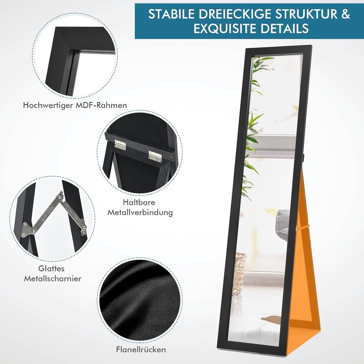STANDSPIEGEL mit Holzrahmen Schwarz - Schwarz, Glas (50/155/37cm) - COSTWAY