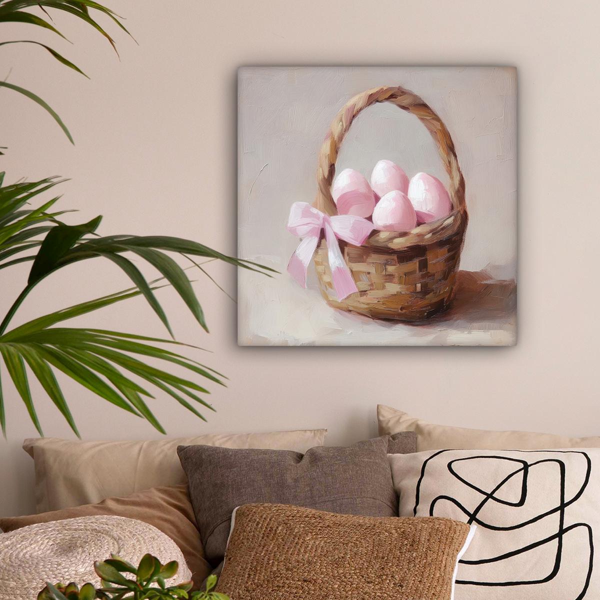 LEINWANDBILD Korb - Eier - Rosa Wandbild Wohnzimmer 50x50 cm - Beige, Textil (50/50cm) - MuchoWow