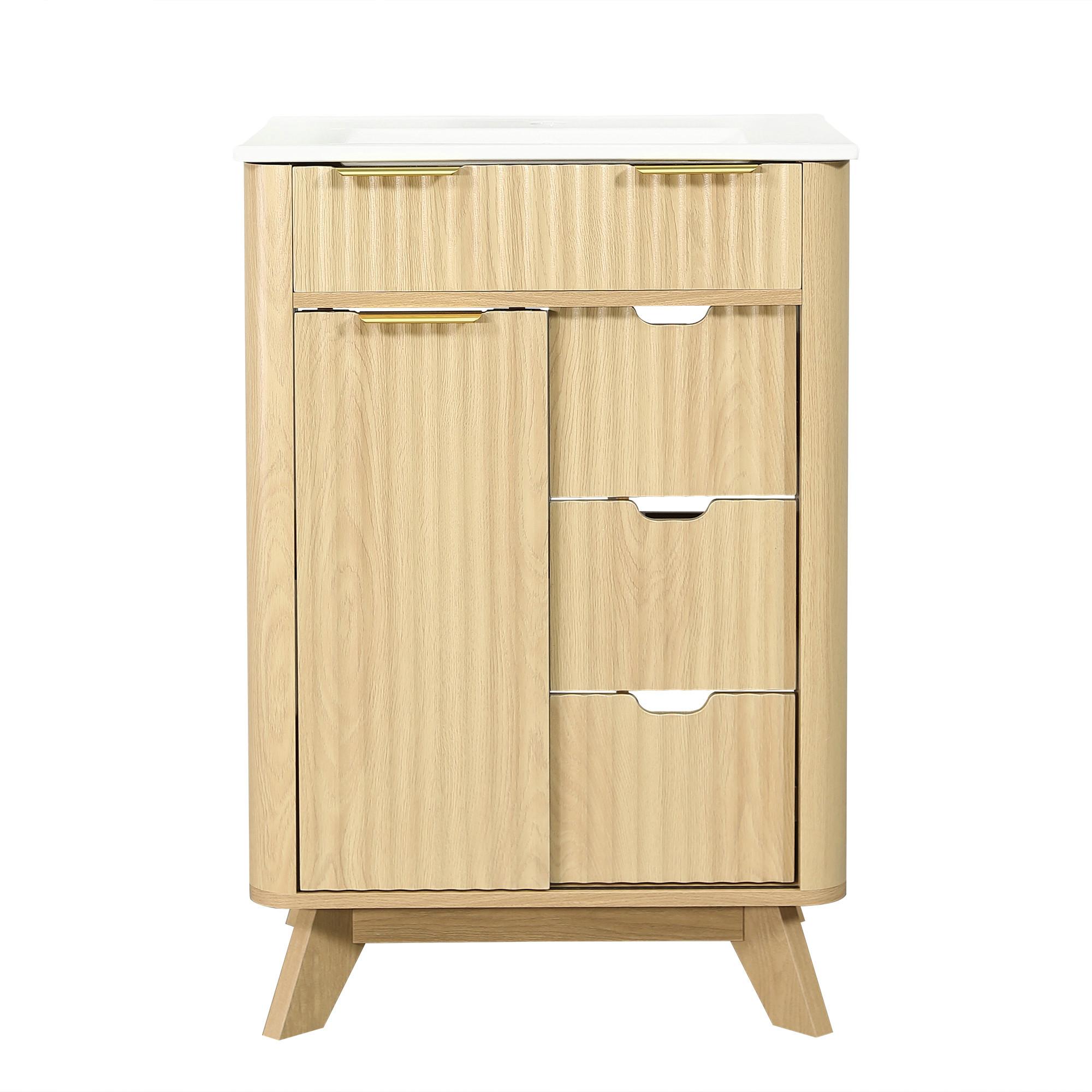 WASCHTISCHUNTERSCHRANK Holzoptik mit Wellenmuster, Schiebetür & 3 Schubladen - Naturfarben, Holzwerkstoff (61/90/47cm) - Urban Meuble