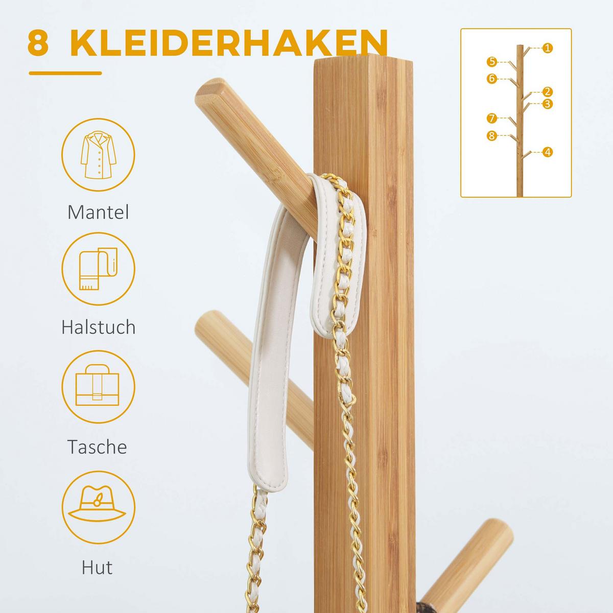 GARDEROBENSTÄNDER aus Bambus, Kleiderständer mit 8 Haken, Jackenständer für Flur - Naturfarben, Naturmaterialien (49.5/178/49.5cm) - HOMCOM