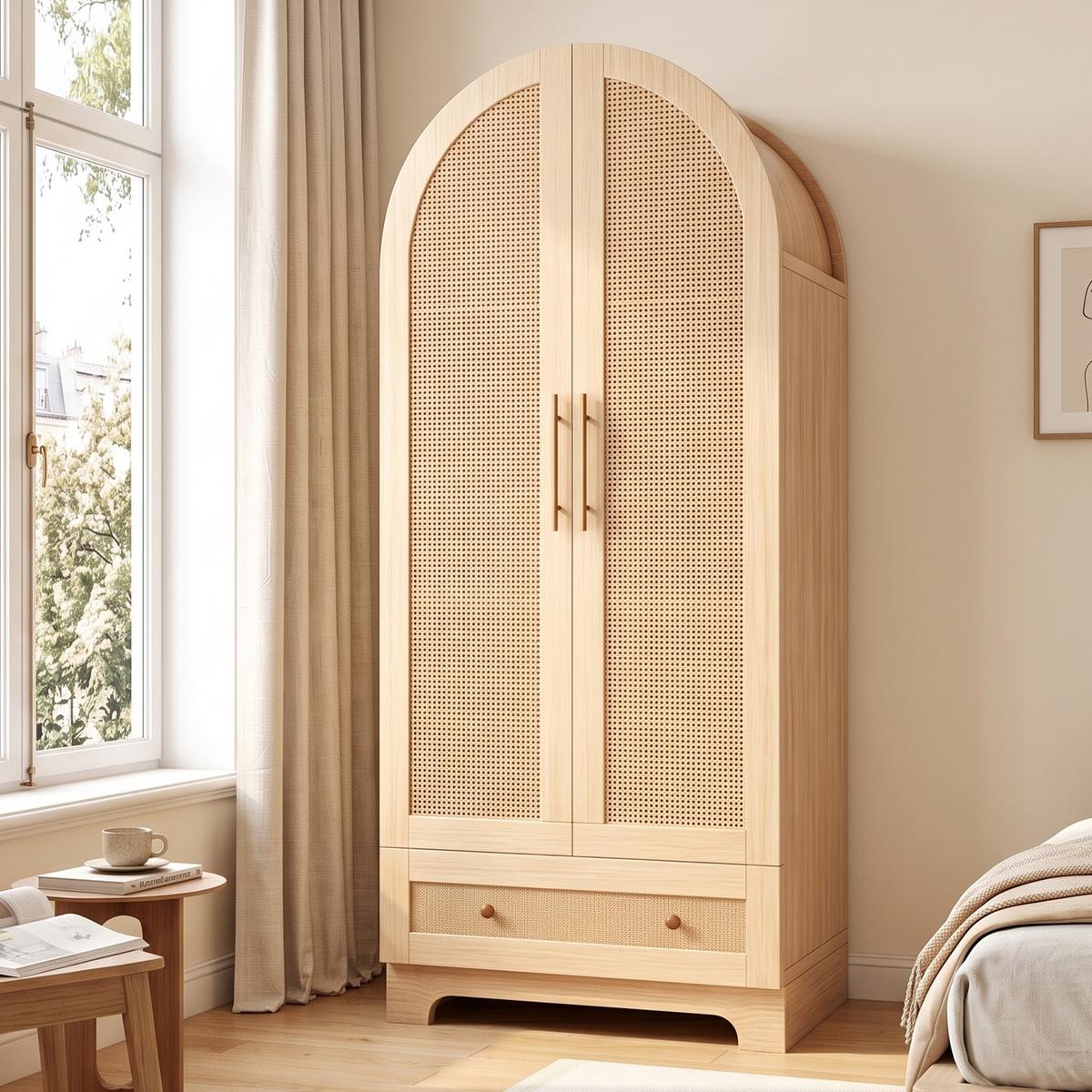 KLEIDERSCHRANK Doppeltüren Kunstrattan Holz mit Schubladen - Naturfarben, Holzwerkstoff (70/170/55cm) - Urban Meuble