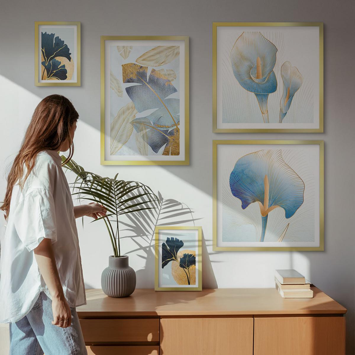 BILDER SET 5er Set - 50x50 cm & 20x30 cm & 40x60 cm Goldrahmen - Zitronenweinporträt Kahlo - Goldfarben, Kunststoff (40/60cm) - TULUP