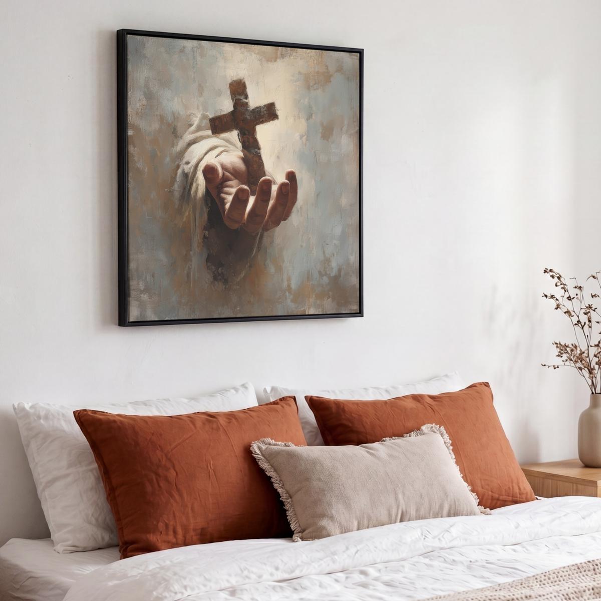 LEINWAND Bilder mit Rahmen - Abstrakt - Kreuz - Hand - Christentum - 50x50 - Hellbraun, Textil (50/50cm) - MuchoWow