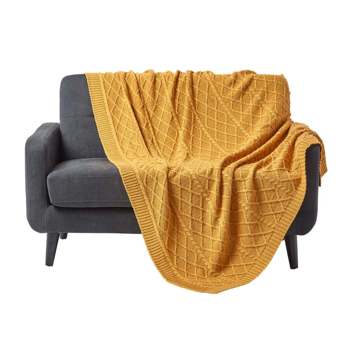 STRICKDECKE 130/170 cm, Baumwolle mit Rautenmuster - Currygelb, Textil (130/170cm) - Homescapes
