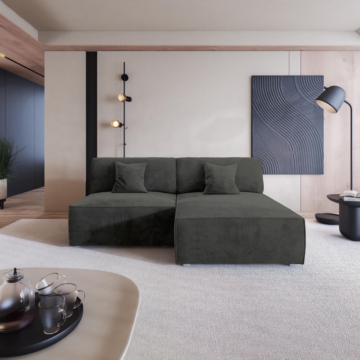 ECKSOFA FIORO M Schwarz Velours-Stoff mit Schlaffunktion - Schwarz/Grau, Holz/Kunststoff (204/148cm) - MASSENO