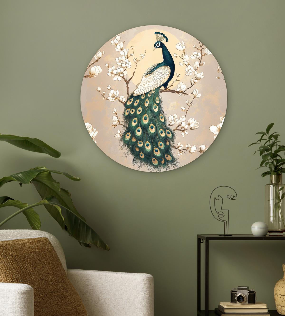 WANDBILD Pfau - Zweig - Blumen Wanddeko Schlafzimmer 60x60 cm - Champagner, Kunststoff (60/60cm) - MuchoWow