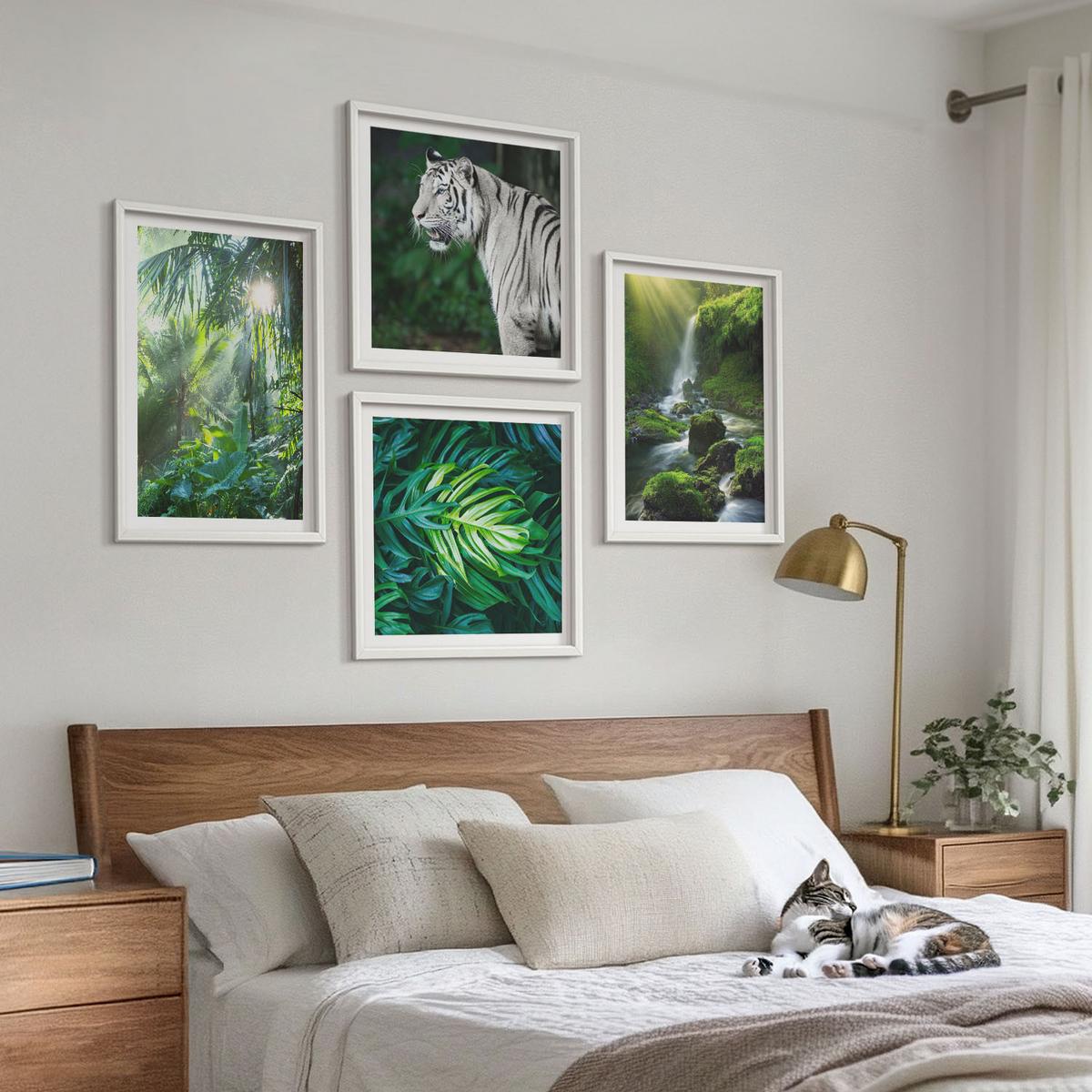 BILDER SET 4er Set - 50x50 cm & 40x60 cm Weißer Rahmen - Dschungel-Weißtiger-Wasserfall - Weiß, Kunststoff (50/50cm) - TULUP