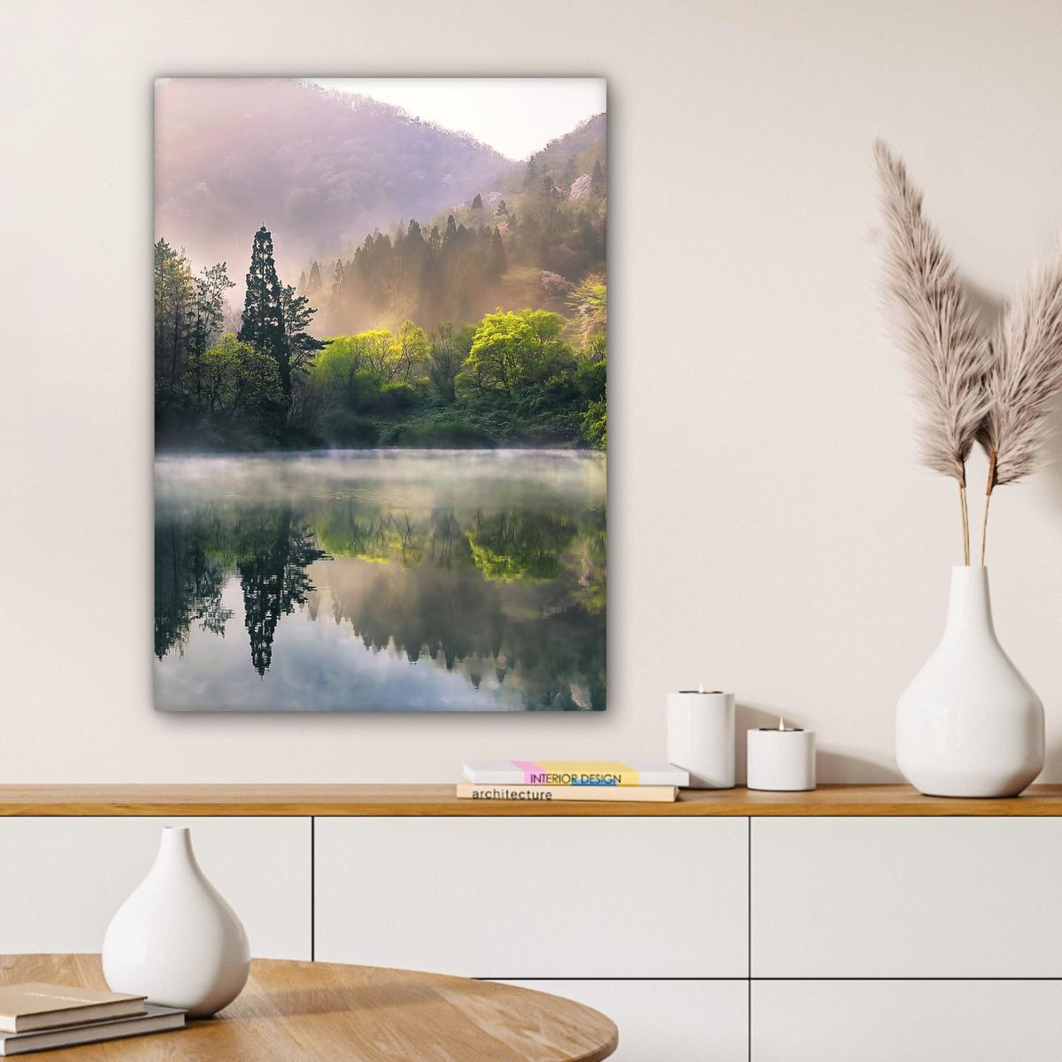 LEINWANDBILD Natur - Bäume - Berge - See - Wasser Wandbild Wohnzimmer 60x80 cm - Hellgrün, Textil (60/80cm) - MuchoWow