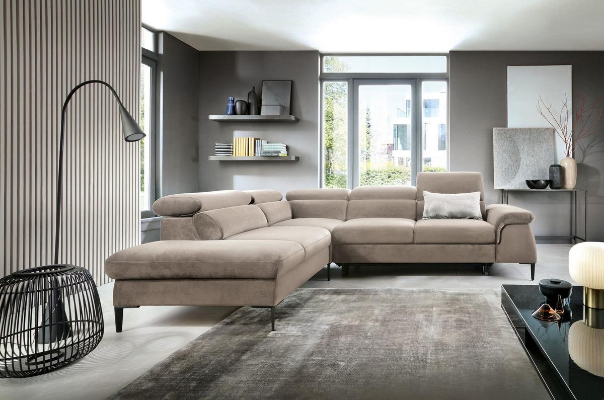 ECKSOFA MESTO Beige Velours-Stoff mit Schlaffunktion - Beige, Holz (280/214cm) - MASSENO