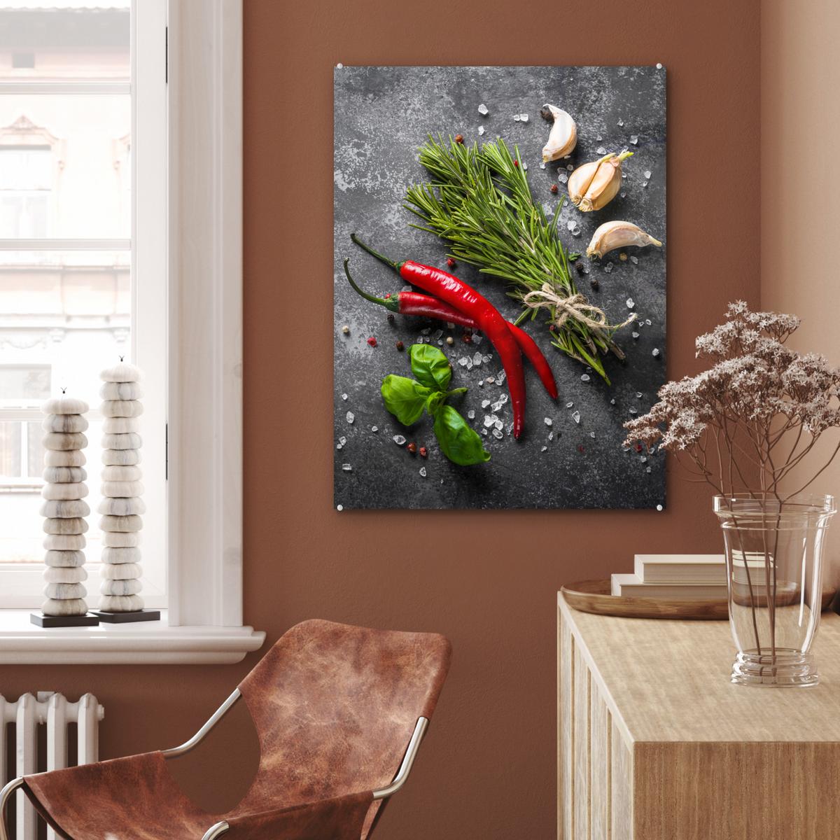 ACRYLGLASBILD Pfeffer - Kräuter - Gewürze - Beton 60x80 cm - Dunkelgrau, Glas (60/80cm) - MuchoWow