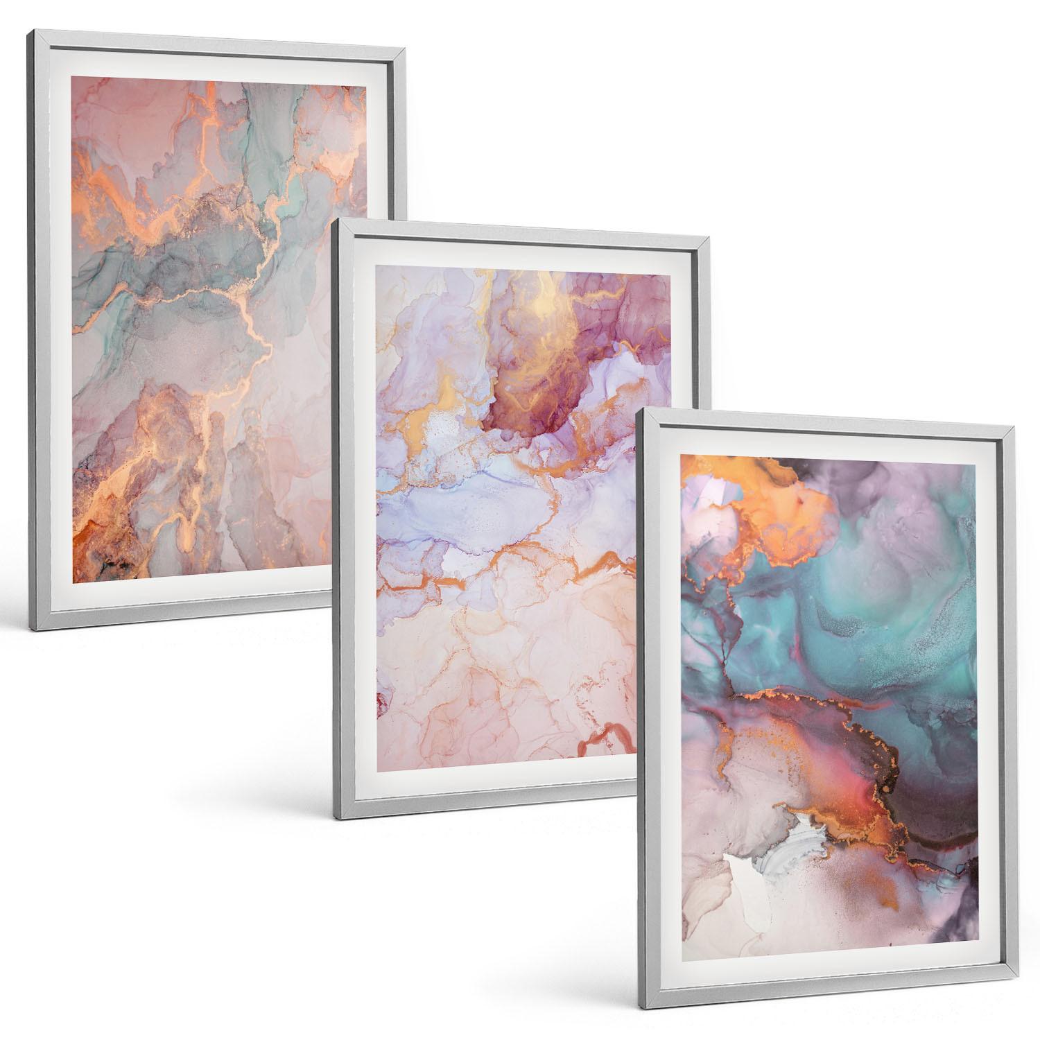 BILDER SET 3er Set - 40x60 cm Silberner Rahmen - Abstrakte Pastellmuster - Silberfarben, Kunststoff (40/60cm) - TULUP