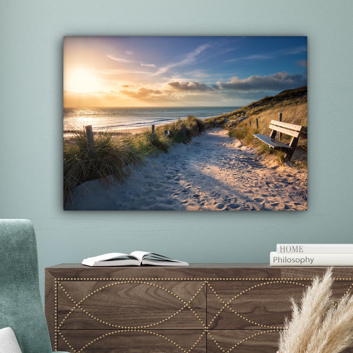 LEINWANDBILD Sonnenuntergang - Strand - Düne - Gras - Ufer Wandbilder 80x60 cm - Sandfarben, Textil (80/60cm) - MuchoWow