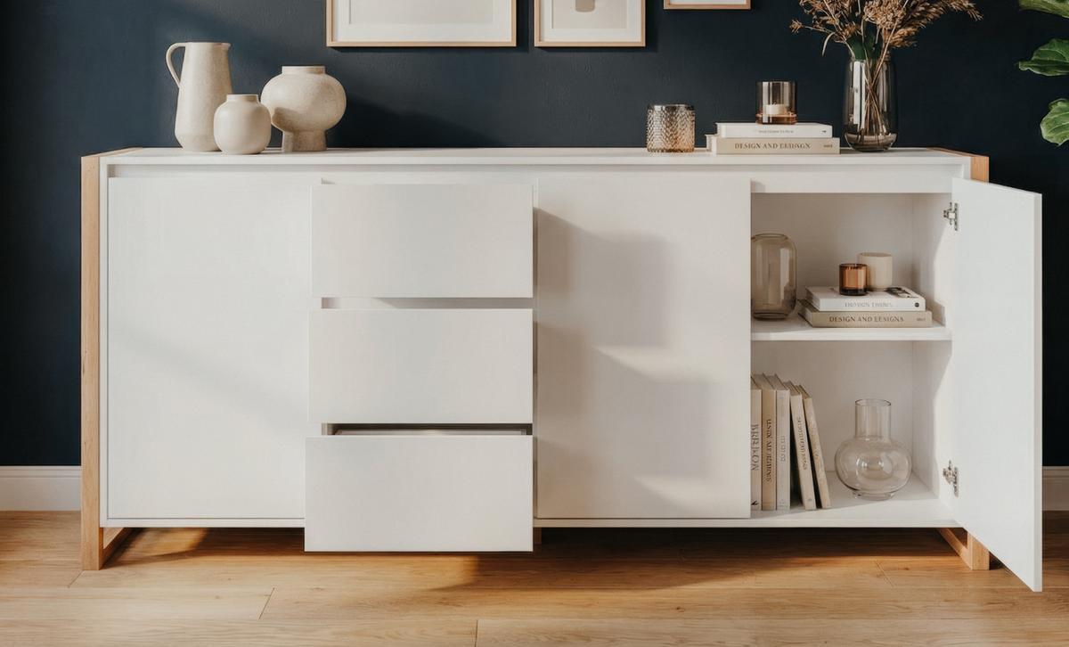 SIDEBOARD weiß, Eiche Artisan 160 x 88 cm, Kommode mit viel Stauraum - Weiß/Eiche Artisan, Holzwerkstoff (160/88/40cm) - Furn.Design