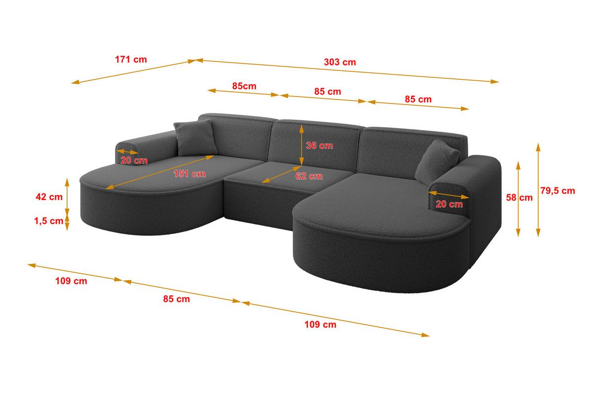 WOHNLANDSCHAFT MARI-U1 - 303x171x79 cm Grau Bouclé - Schwarz/Grau, Holzwerkstoff/Kunststoff (303/79/171cm) - ALTDECOR