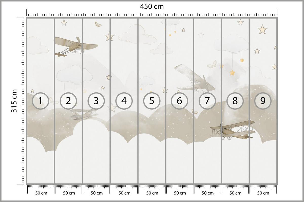 FOTOTAPETE für Kinderzimmer Flugzeuge Wolken Sterne Himmel 450x315 - Gelb/Beige, Papier (450/315cm) - Muralo