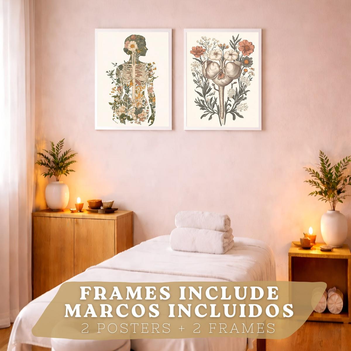POSTER Set aus 2 Anatomie Mensch Drucke und Wandbilder mit Weiblicher Silhouette und Fortpflanzungssystem Botanischer Stil Größe Weißer Rahmen A4 - Weiß, Papier (21/29.7/3cm) - Nacnic