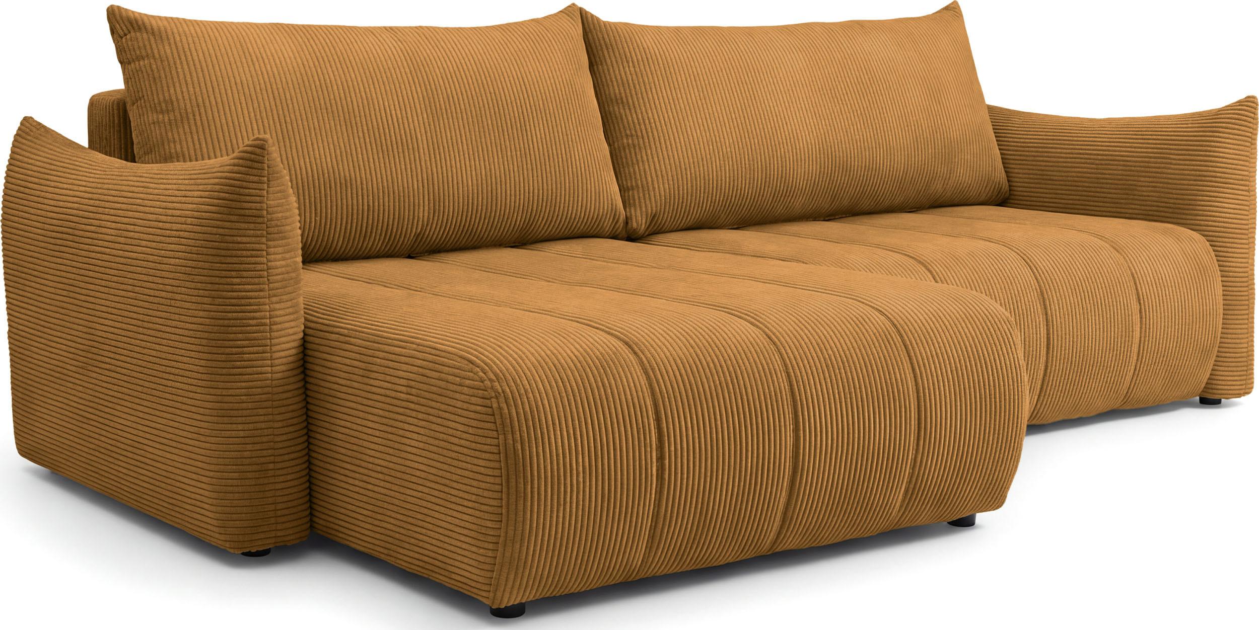 ECKSOFA Liv mit Schlaffunktion & Bettkasten in Cordstoff Senfgelb, Universell 260/154/86 cm - Gelb/Schwarz, Kunststoff/Textil (260/154cm) - WFL GROUP