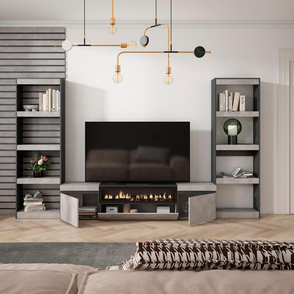 WOHNWAND Elektrokamin, zementgrau, 320/35/186cm - Grau, Holzwerkstoff (320/186/35cm) - Skraut Home