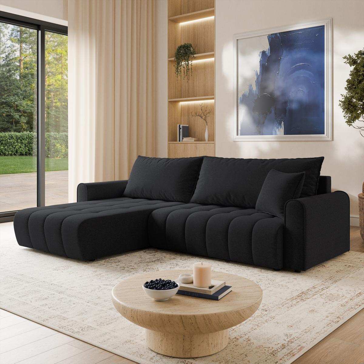 ECKSOFA FRIGA Schwarz Strukturstoff mit Schlaffunktion - Schwarz, Holz (283/185cm) - MASSENO
