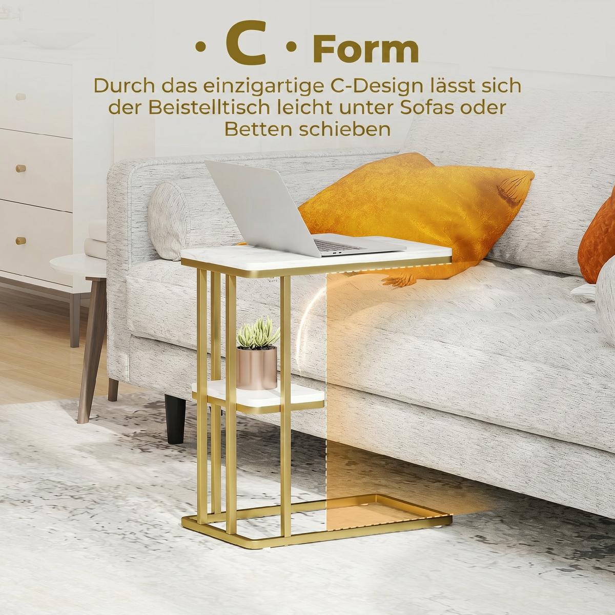 BEISTELLTISCH MDF Stahl Weiß - Goldfarben/Weiß, Holzwerkstoff/Kunststoff (50/30/57.5cm) - HOMCOM