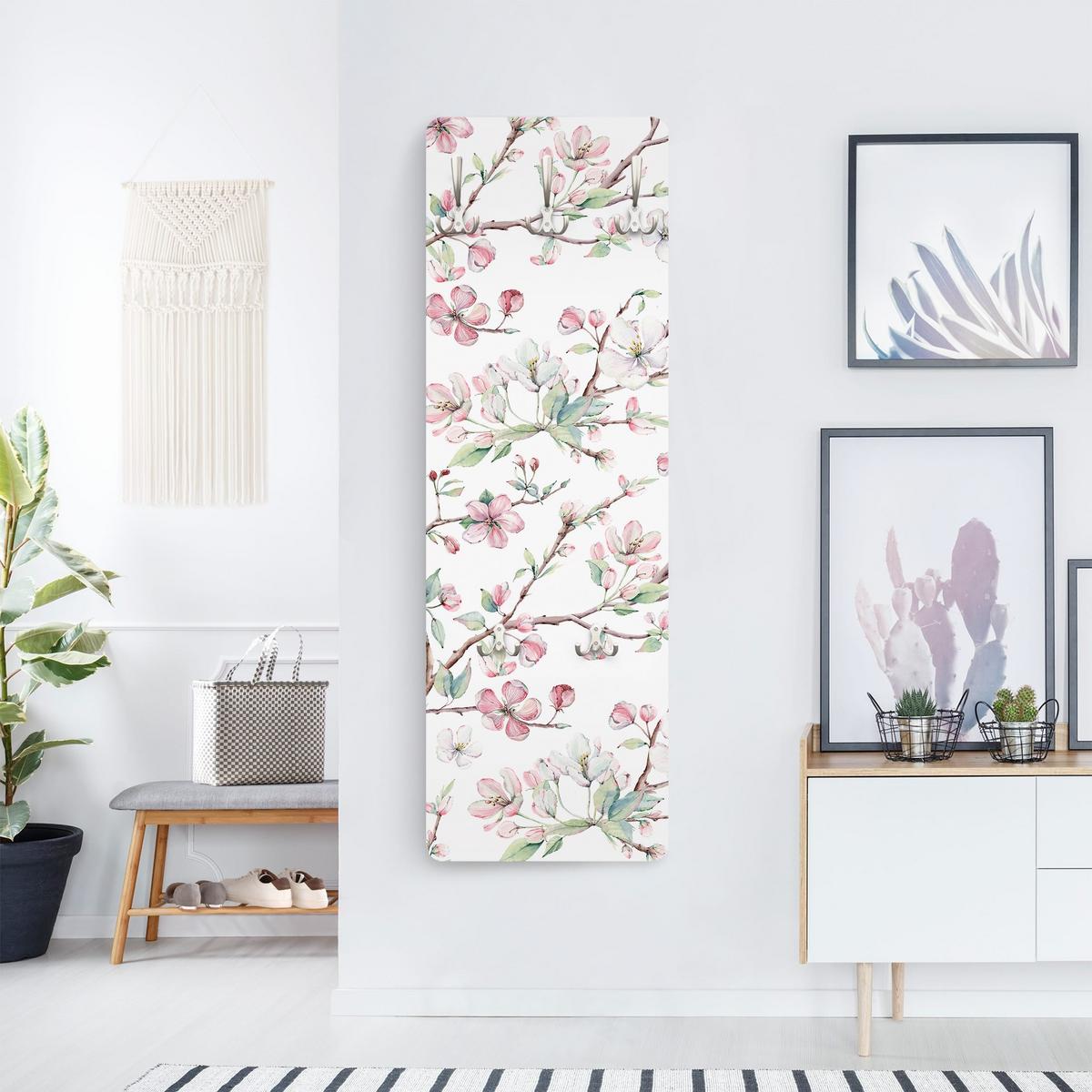 WANDGARDEROBE - Aquarell Zweige von Apfelblüten in Rosa und Weiß 34/105 cm - Weiß, Holzwerkstoff (34/105/1.6cm) - Bilderwelten