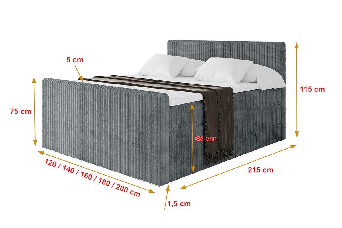 BOXSPRINGBETT mit Matratze H3|H4 und Lattenrost - TOLO-Z KING 180x200 Cord - Dunkelgrau - Dunkelgrau, Holzwerkstoff (180/200cm) - ALTDECOR