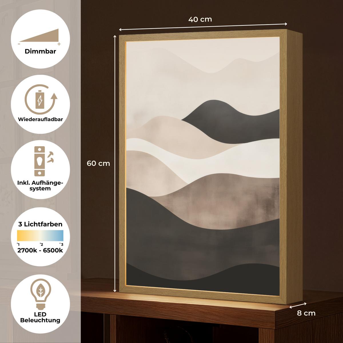 WANDLEUCHTE MIT AKKU Abstrakt - Landschaft - Wellen - Cremefarben 40x60 cm - Graubraun, Holzwerkstoff (40/60/8cm) - OnlyWow