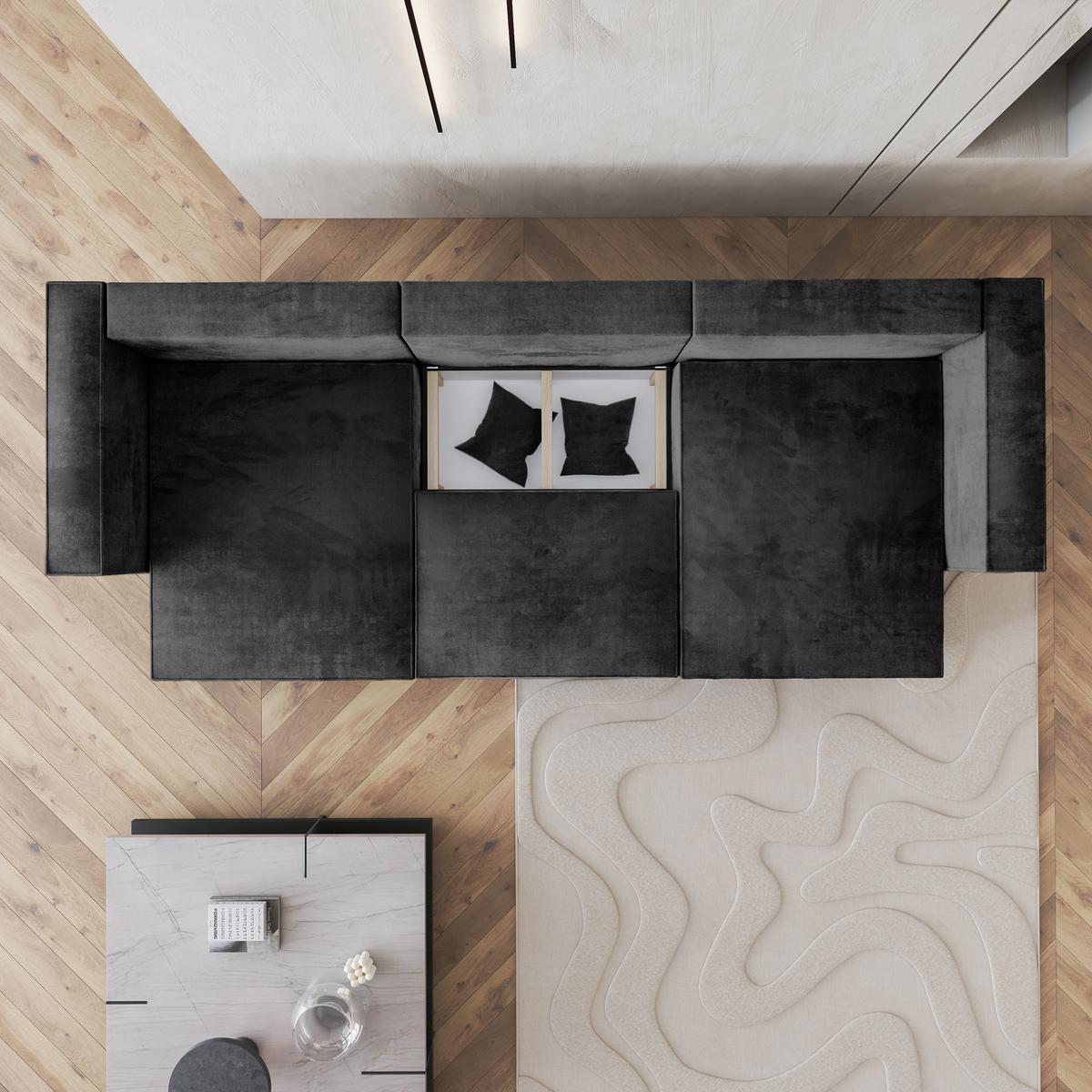 WOHNLANDSCHAFT SARMO M Schwarz Velours-Stoff mit Schlaffunktion - Schwarz/Grau, Holz/Kunststoff (347/70/148cm) - MASSENO