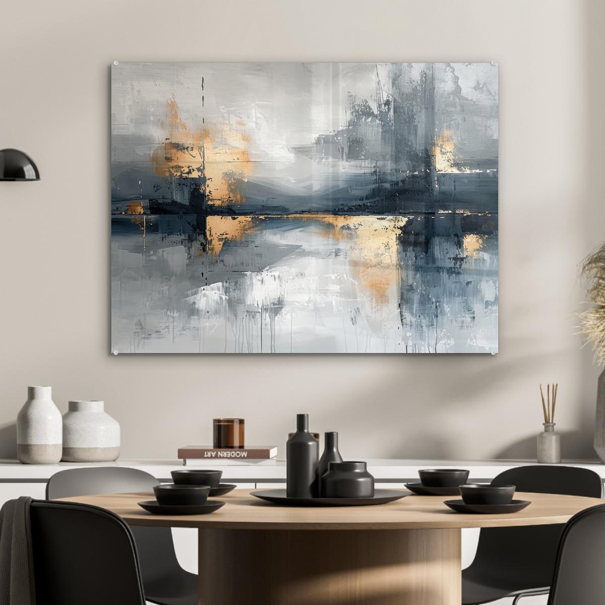 ACRYLGLASBILD Kunst - Grau - Gold - Abstrakt 80x60 cm - Dunkelgrau, Glas (80/60cm) - MuchoWow