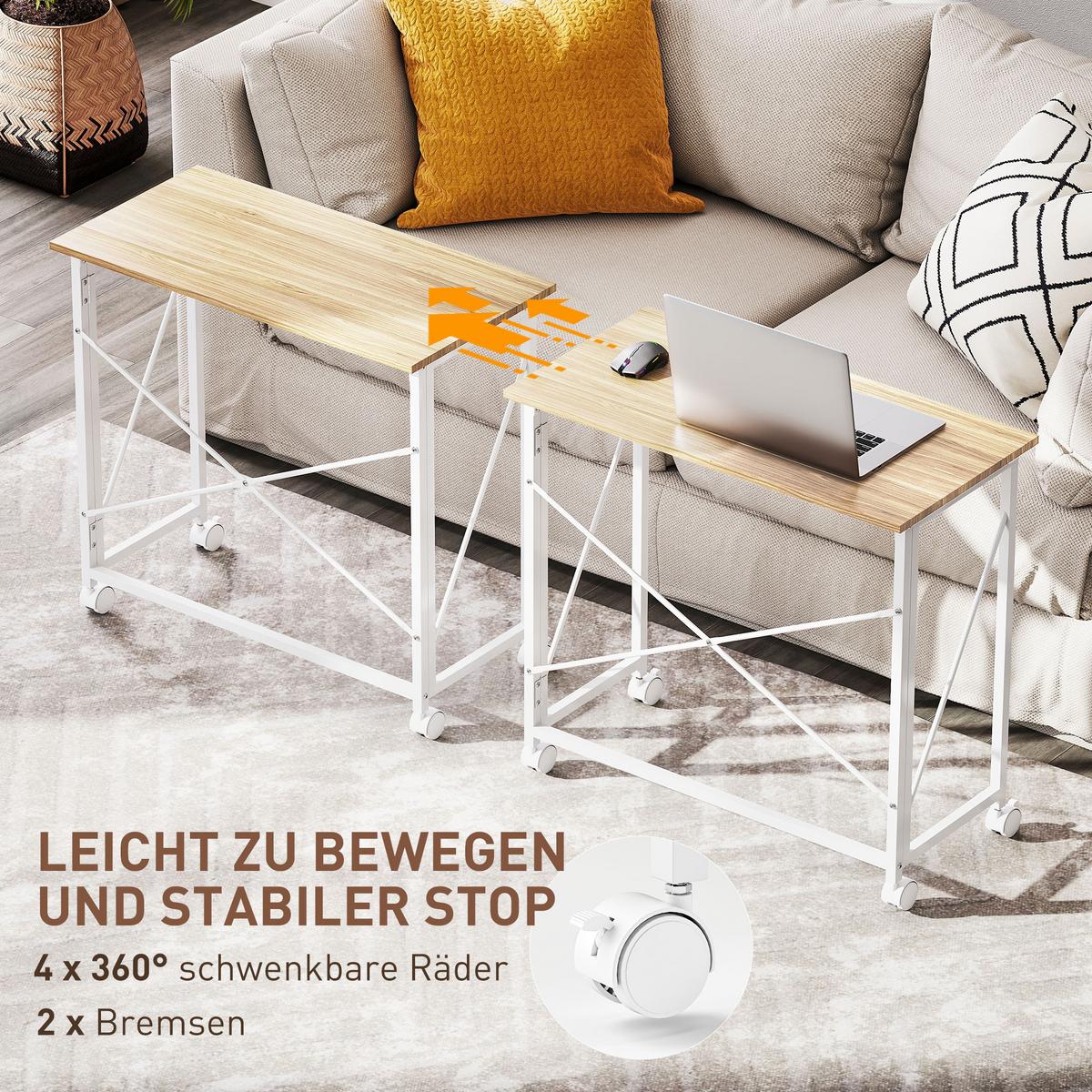 SCHREIBTISCH Klappbar Kleiner 80 cm Klappschreibtisch mit Rollen für Home Office - Weiß, Holzwerkstoff/Metall (80/40/75cm) - HOMCOM