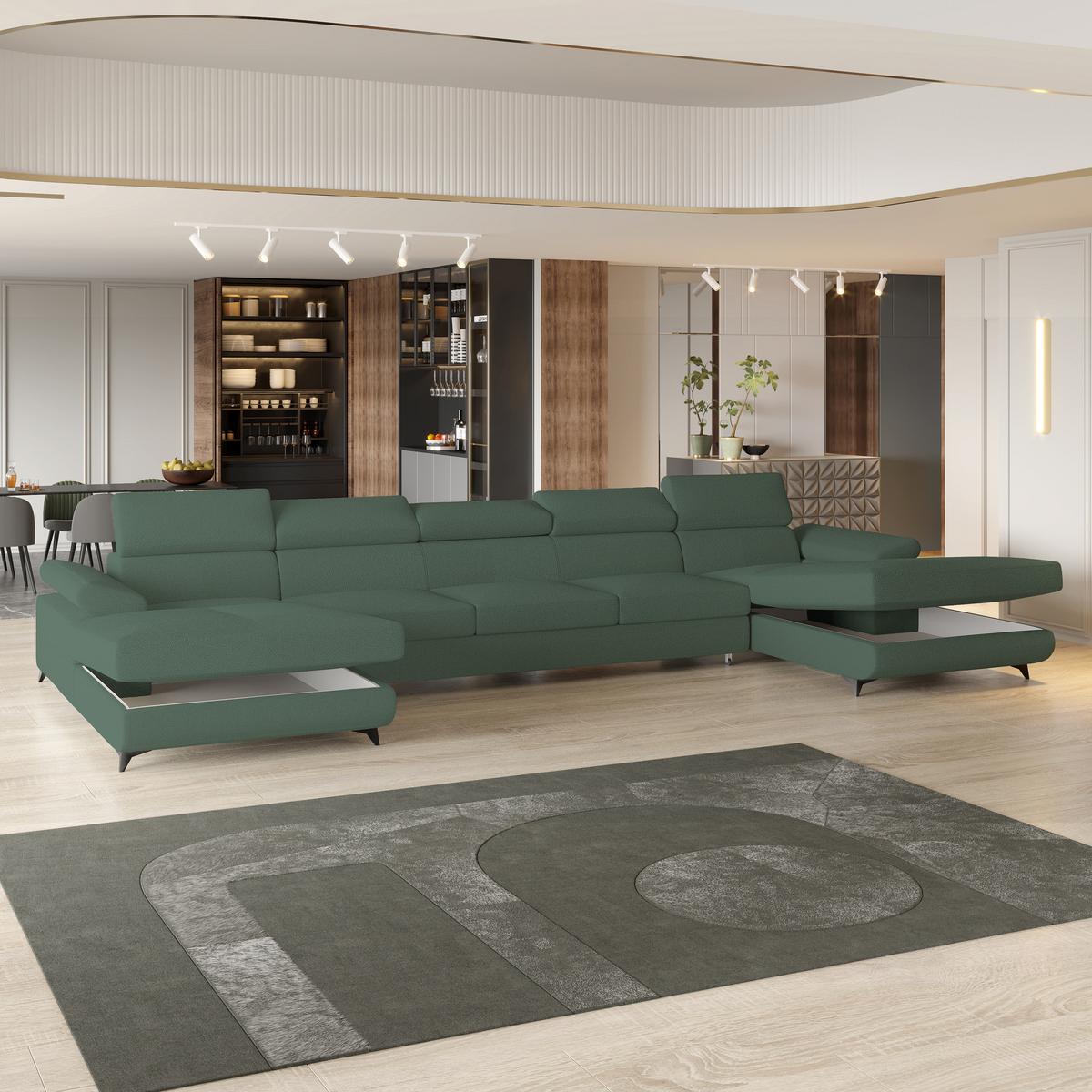 WOHNLANDSCHAFT VIVENTE Grün Boucle-Stoff mit Schlaffunktion - Grün, Holz (410/89/190cm) - MASSENO