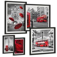 BILDER SET 5er Set - 50x50 cm & 20x30 cm & 40x60 cm Schwarzer Rahmen - Ginkgoblätter, heller Hintergrund - Schwarz, Kunststoff (40/60cm) - TULUP