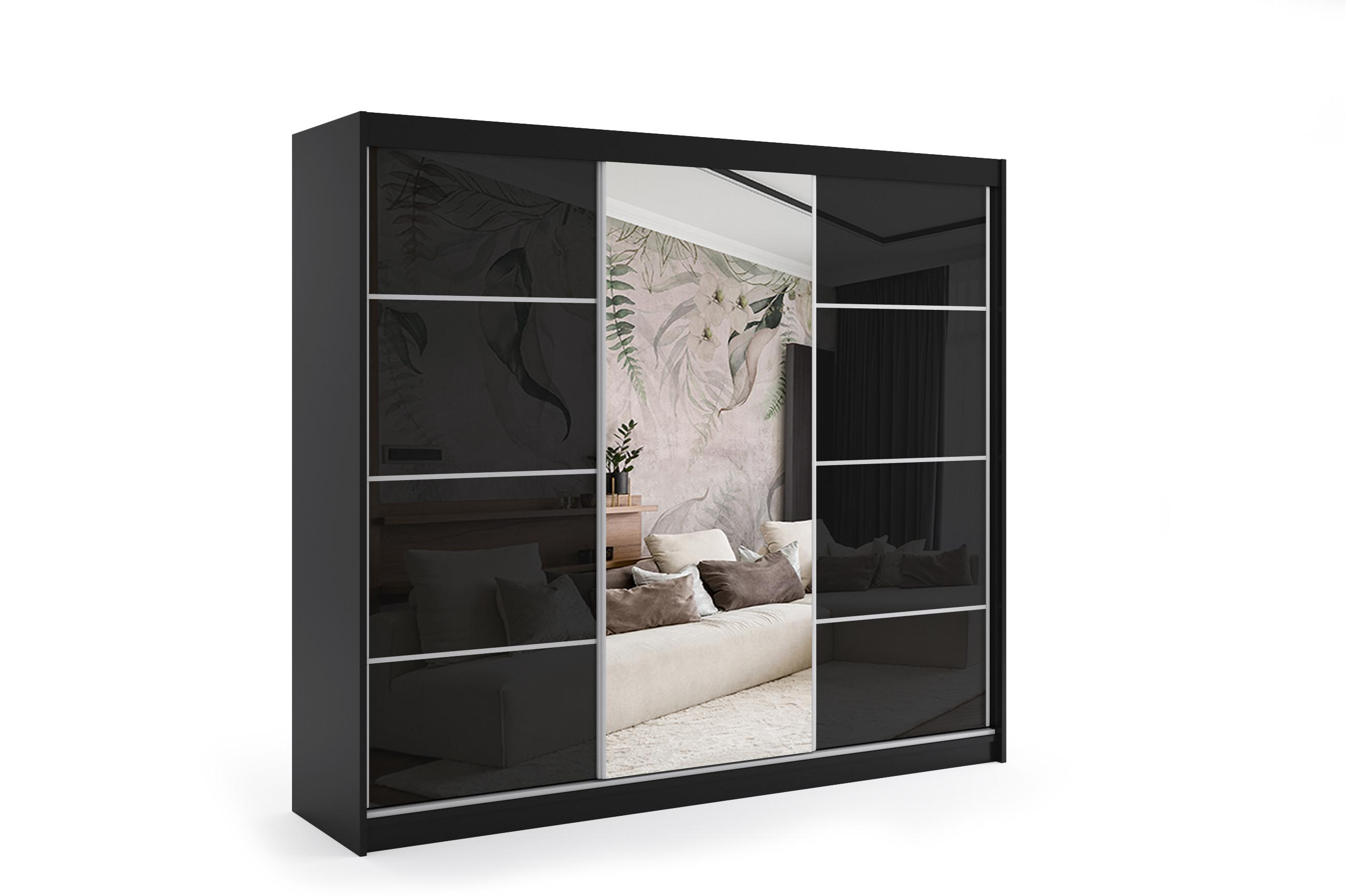 KLEIDERSCHRANK mit Spiegel-Schiebetüren und Aluminium-Leisten - VIVI - 180 cm Schwarz - Schwarz, Holzwerkstoff (200/216/61cm) - ALTDECOR