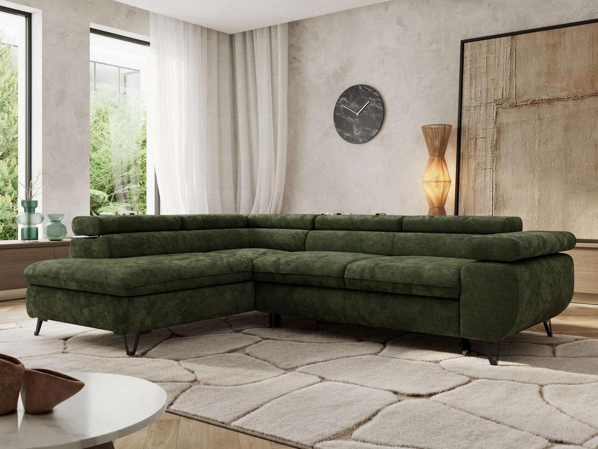 ECKSOFA PABLO L Dunkelgrün Schenille glatt - Links Seite mit Visco Topper - Dunkelgrün/Schwarz, Textil/Metall (208/273cm) - MKS