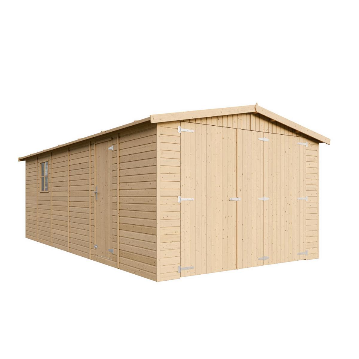 HOLZGARAGE Abstellraum mit Fenstern- H222x616x324 cm /18 m2 - M102 - Naturfarben, Holz (303/183/591cm) - Timbela