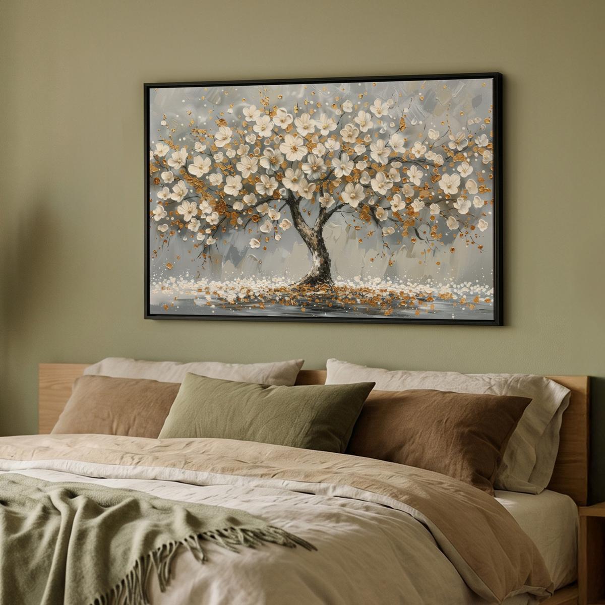 LEINWAND Bilder mit Rahmen - Baum - Blumen - Weiß - Natur - Kunst - 90x60 - Weiß, Textil (90/60cm) - MuchoWow