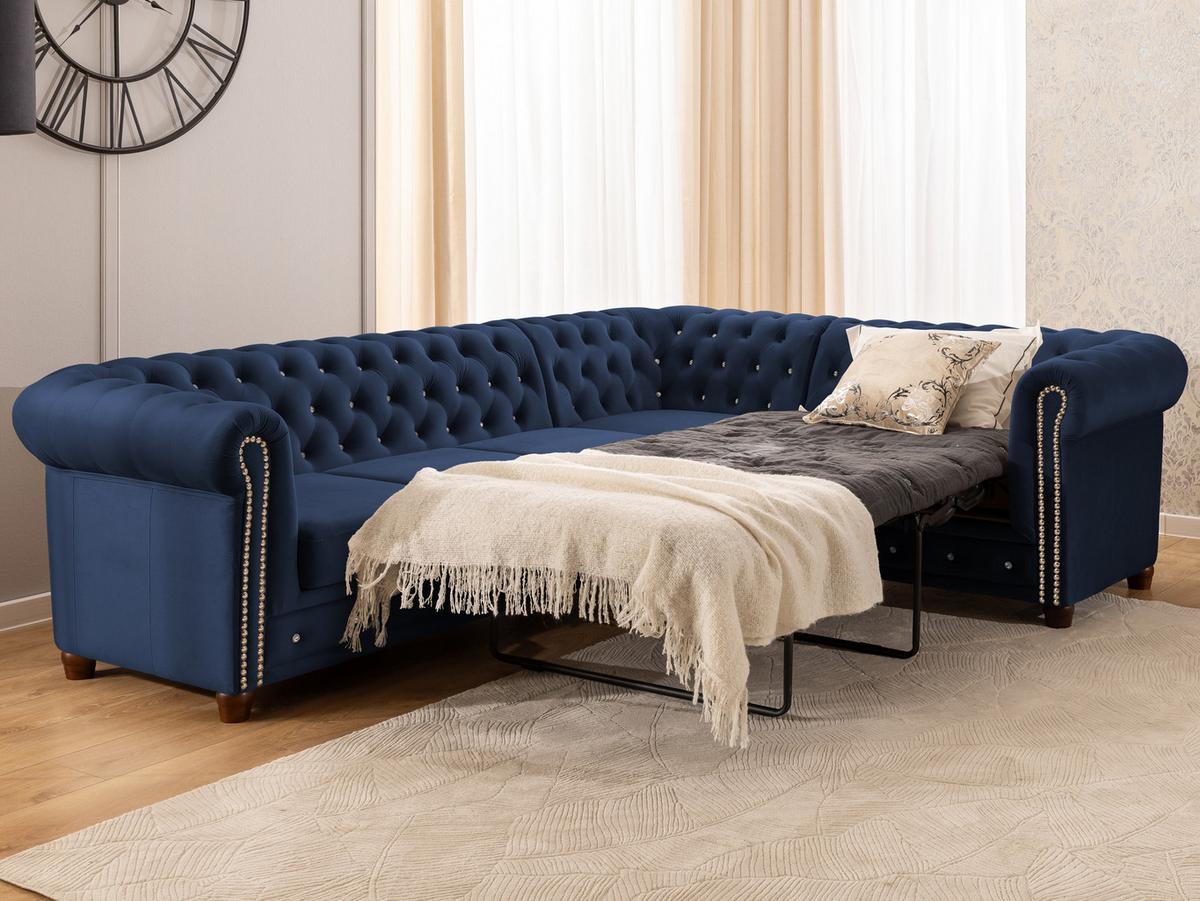 ECKSOFA mit Schlaffunktion Chesterfield Marineblau Samt mit Kristallsteppung und braunen Massivholzfüßen - Ottomane Rechts - Blau/Braun, Holz/Textil (264/210cm) - S-Style Möbel
