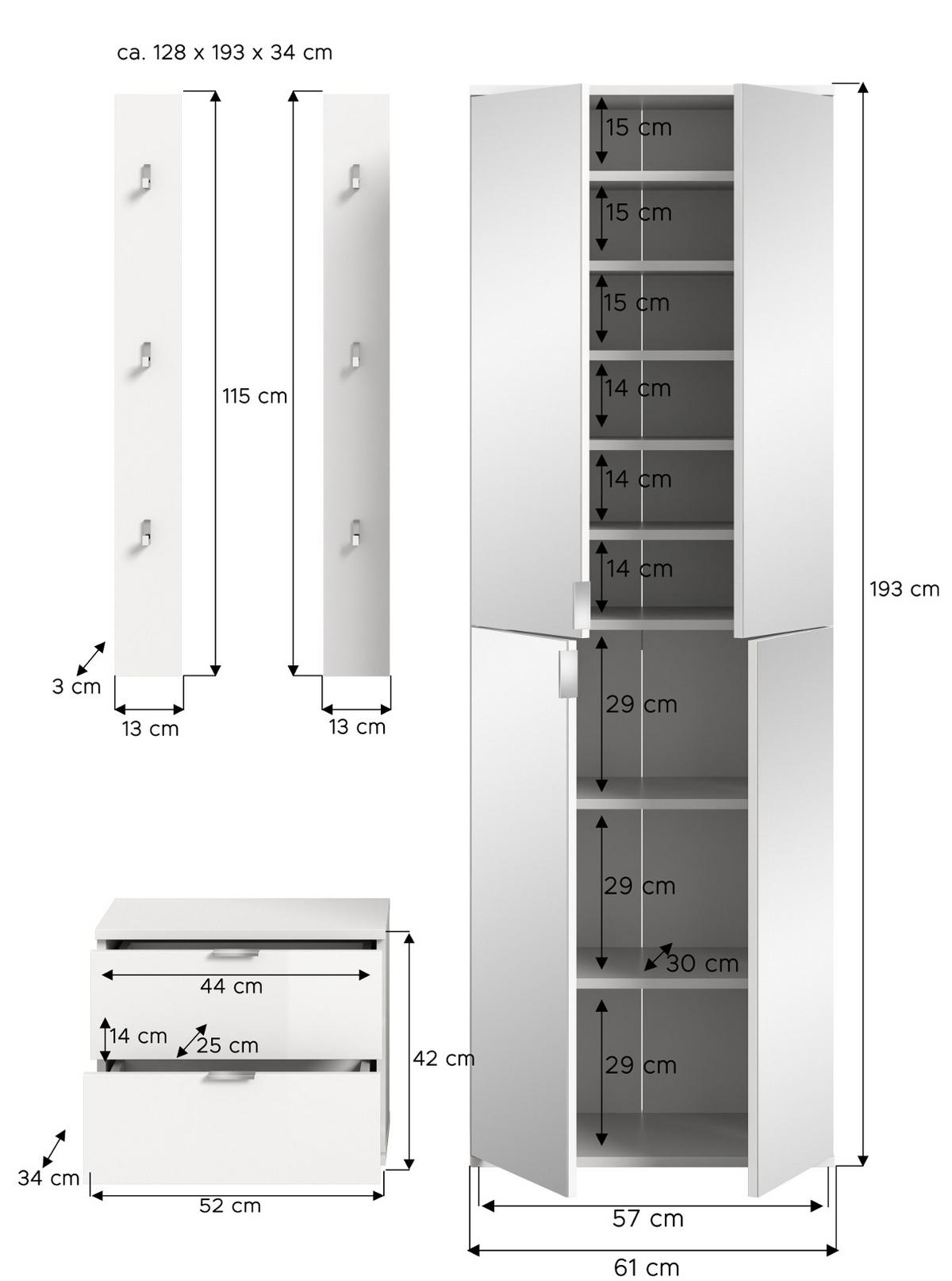 GARDEROBE Set 4-teilig weiß Hochglanz 128 cm, Flurgarderobe mit 9 Fächern - Chromfarben/Weiß Hochglanz, Glas/Holzwerkstoff (128/193/34cm) - Inn.Furn
