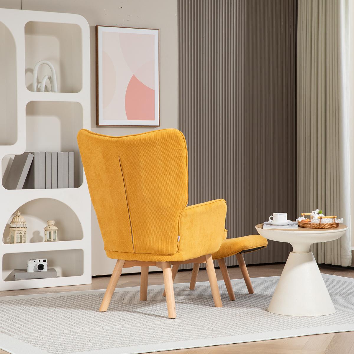 OHRENSESSEL mit Hocker, Relaxsessel, Polstersessel in Kordoptik, Loungesessel - Buchefarben/Orange, Holz/Buchenholz (80/101/72cm) - HOMCOM