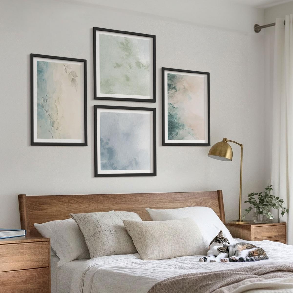 BILDER SET 4er Set - 50x50 cm & 40x60 cm Schwarzer Rahmen - Aquarell-Leinwandstil - Schwarz, Kunststoff (50/50cm) - TULUP