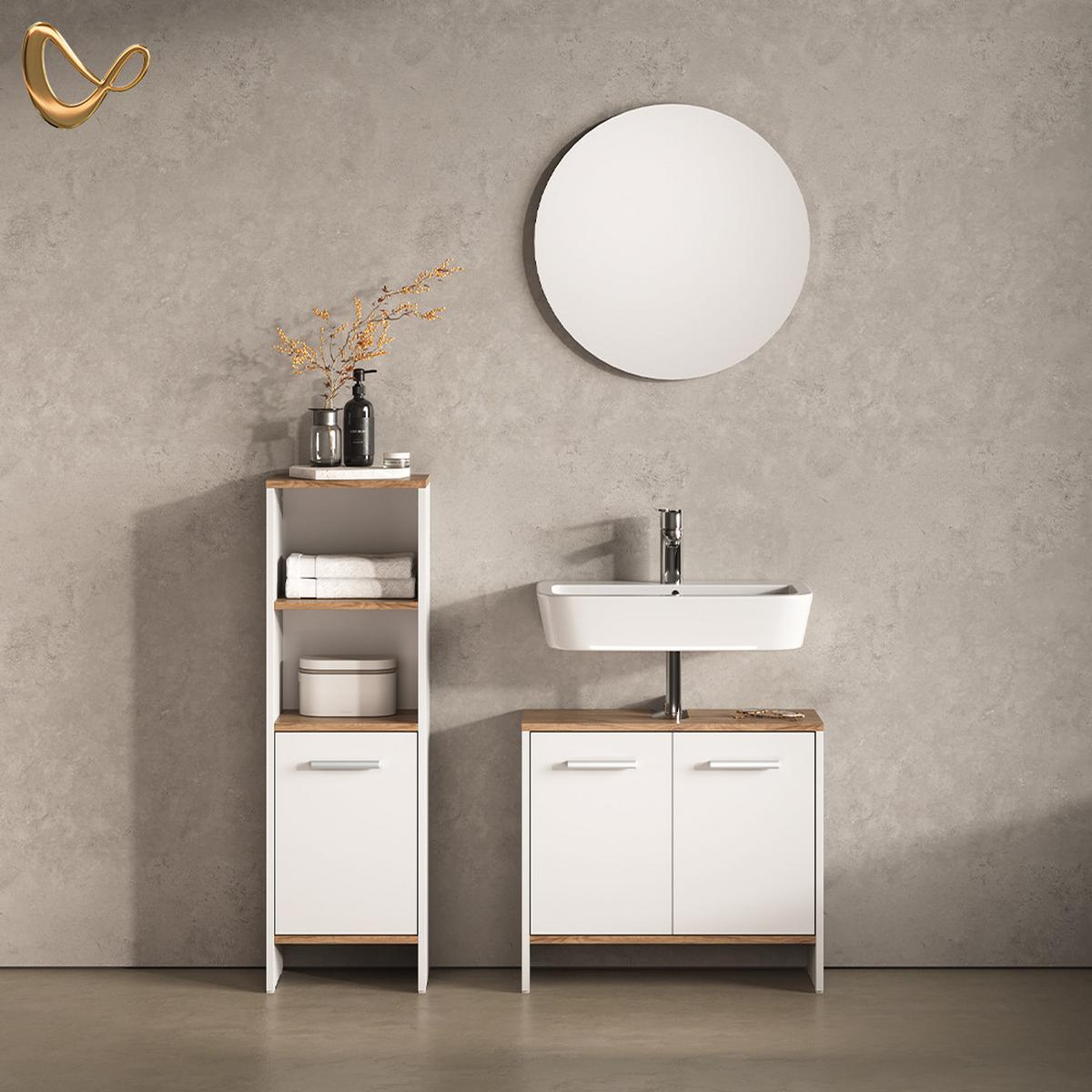 BADEZIMMERMÖBEL-SET Amalfi Weiß/Goldkraft Eiche 2 Teile - Honigeiche/Weiß, Holzwerkstoff (63.8/57/26.3cm) - Livinity®