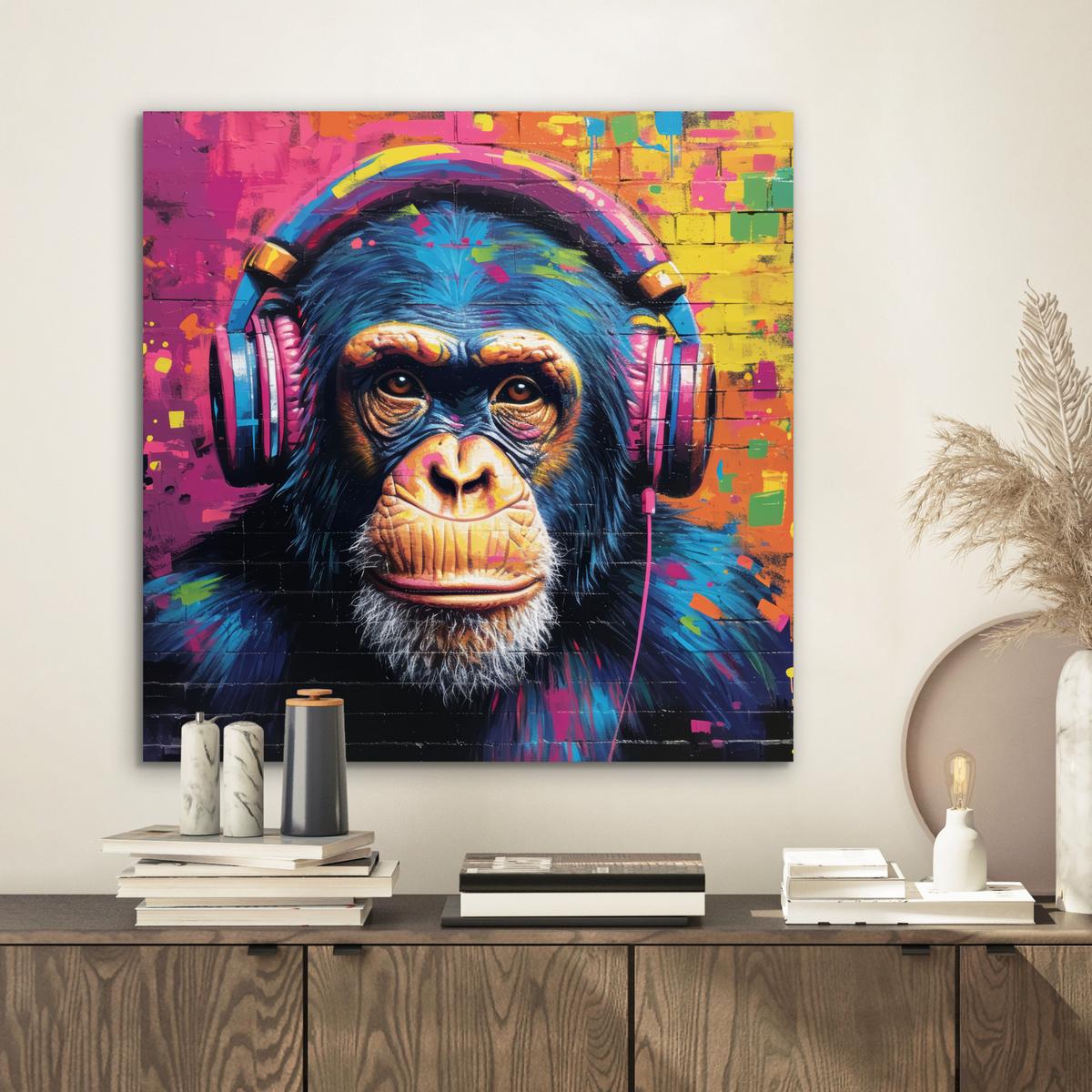 METALLBILD Graffiti - Schimpanse - Straßenkunst - Kopfhörer - Affe 50x50 cm - Blau, Metall (50/50cm) - MuchoWow