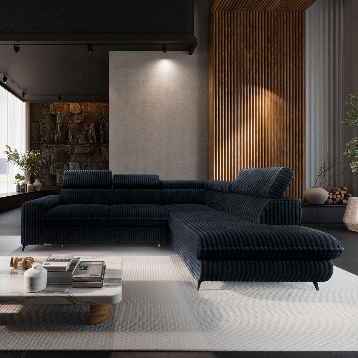ECKSOFA VELISS Schwarz Kordstoff mit Schlaffunktion - Schwarz, Holz (255/193cm) - MASSENO