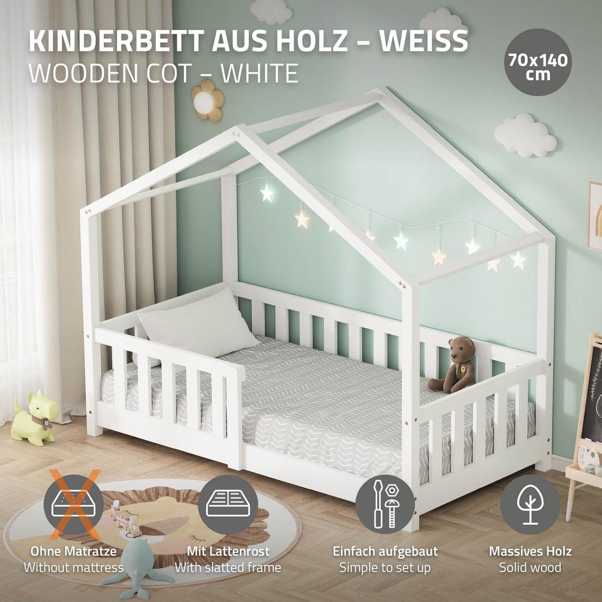 HAUSBETT 70x140 cm Weiß aus Kiefernholz mit Rausfallschutz - Weiß, Holz (70/140cm) - ML-DESIGN