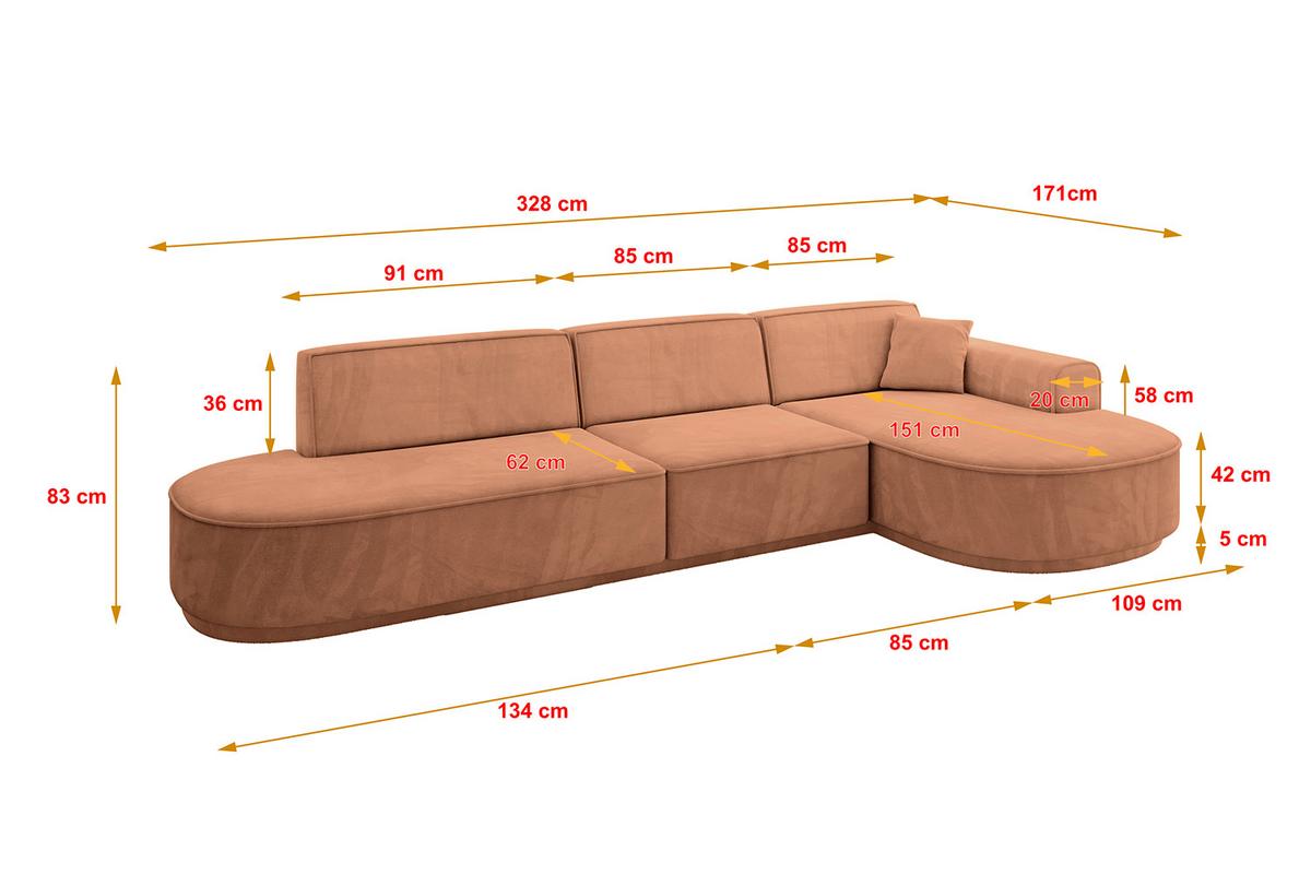 ECKSOFA Ottomane Rechts MARI-L2-v3 - 328x171x83 cm Orange Velours - Schwarz/Orange, Holzwerkstoff/Kunststoff (171/328cm) - ALTDECOR