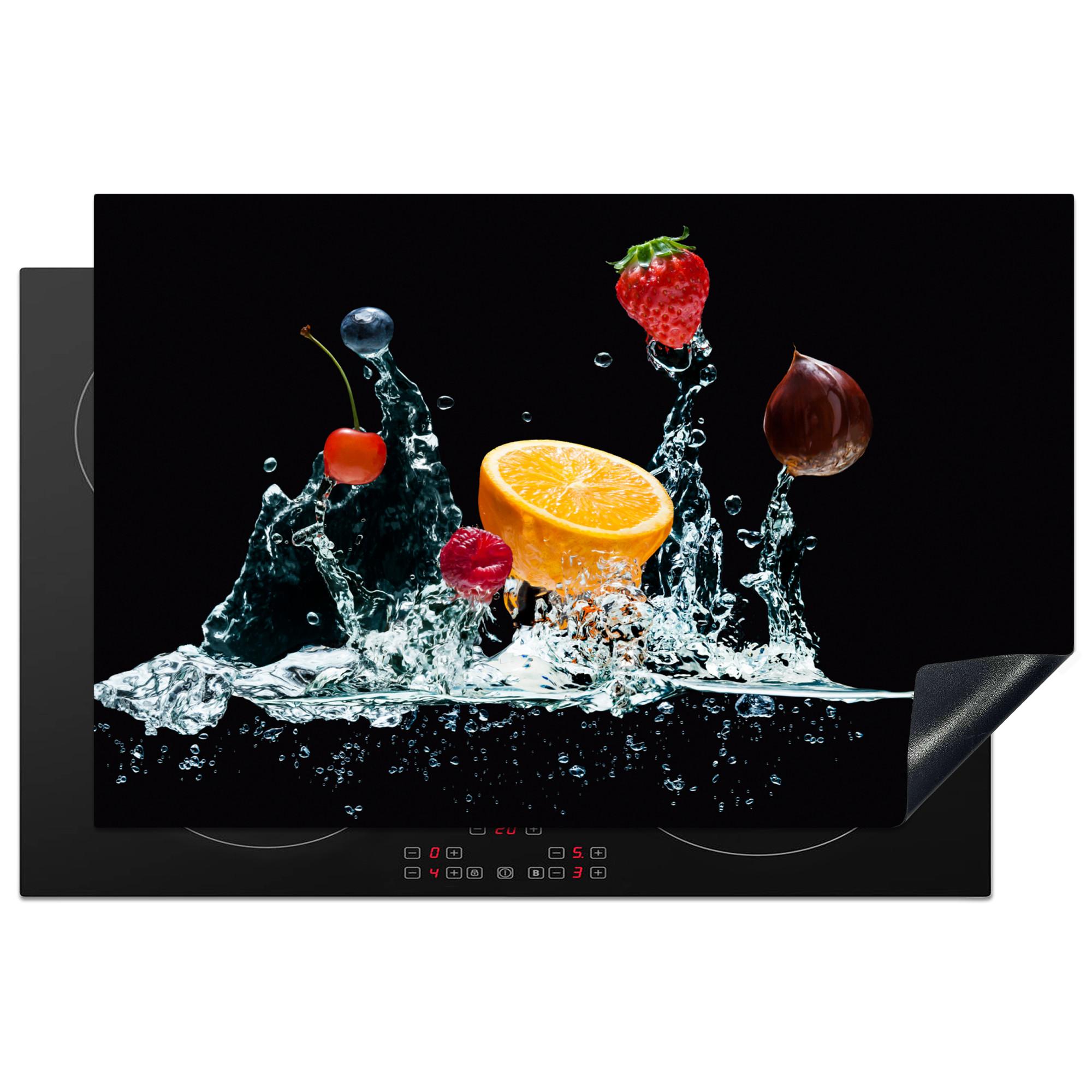 HERDABDECKPLATTE Wasser - Obst - Orange - Erdbeere - Kirsche - Schwarz Induktionsmatte 81x52 cm - Orange, Kunststoff (81/52/0.2cm) - MuchoWow