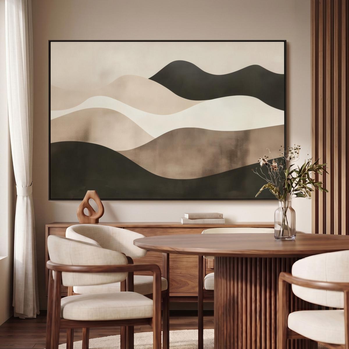 LEINWAND Bilder mit Rahmen - Abstrakt - Landschaft - Wellen - Cremefarben - 140x90 - Cappuccino, Textil (140/90cm) - MuchoWow